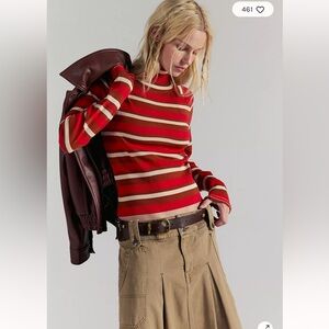 Red Striped Sweater and Tan Skirt